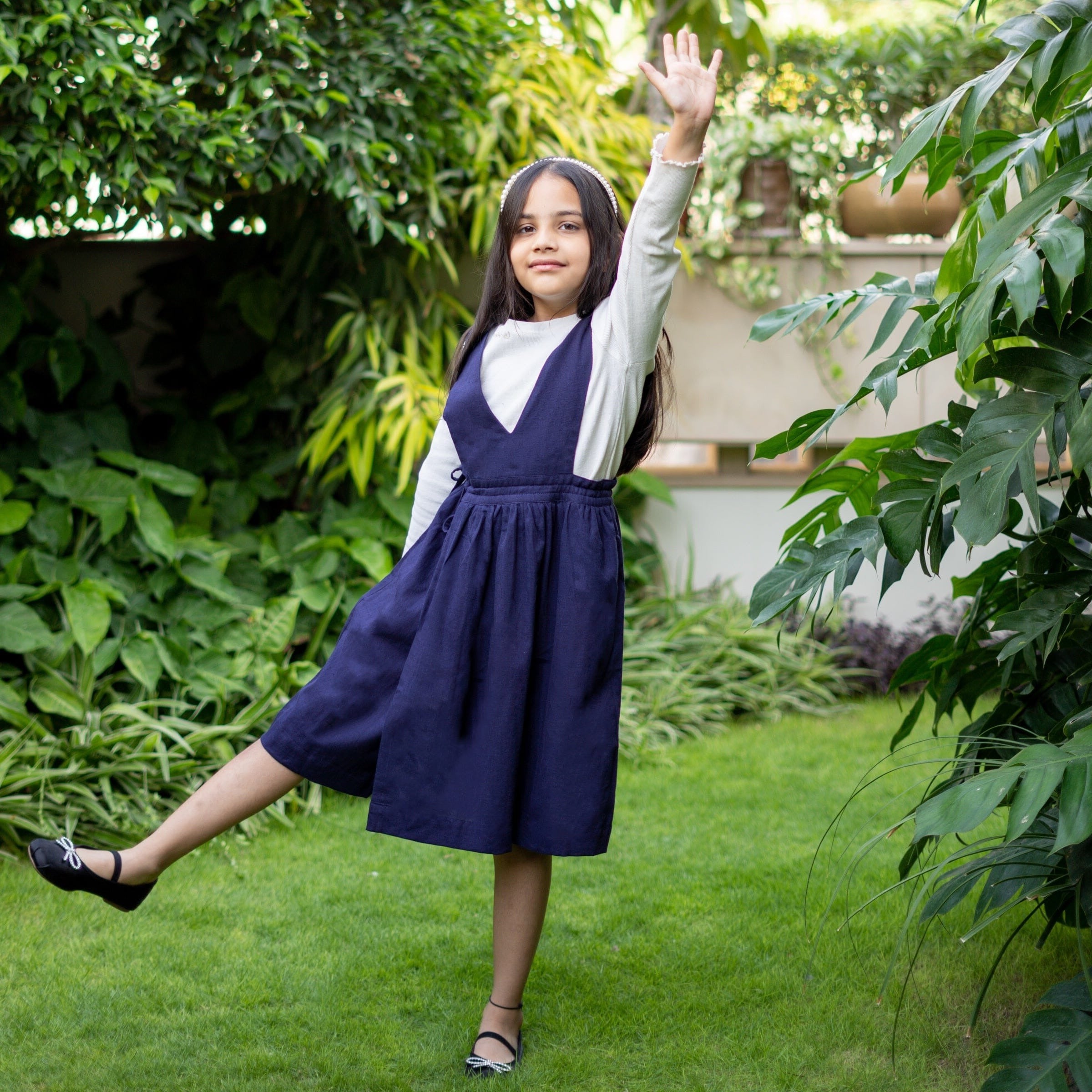 Buy Girls - Navy Blue Cotton Flax Pinafore Midi Wrap Dress Online at ...