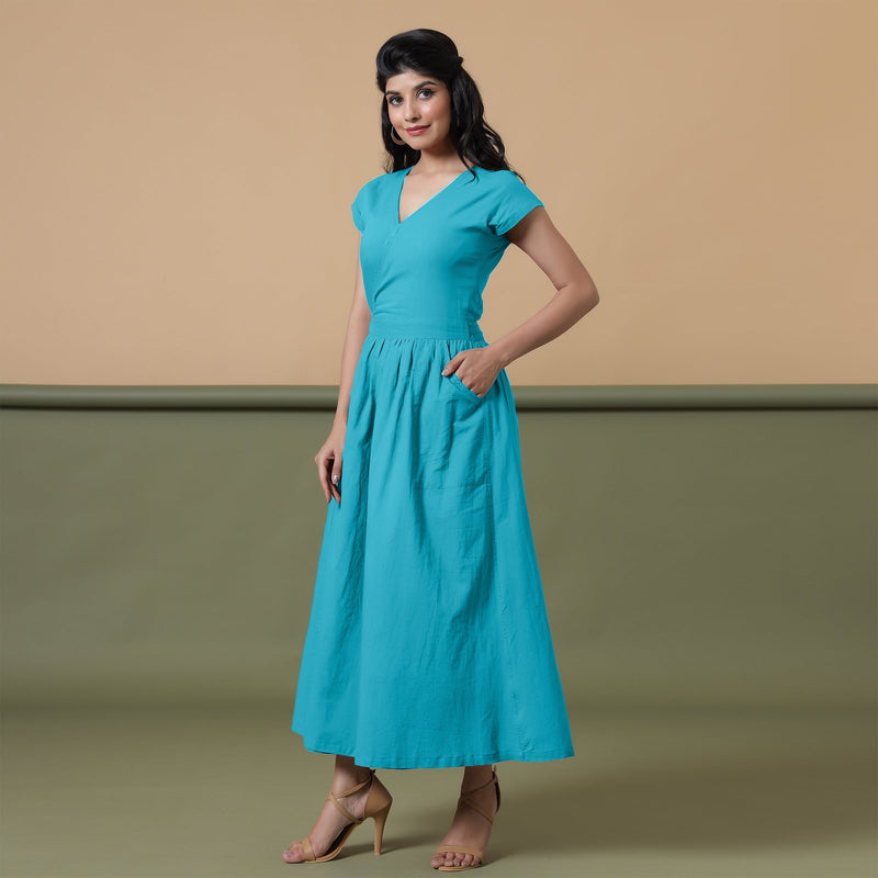 Reversible Ocean Blue Tie-Dye Cotton V-Neck Maxi Wrap Dress