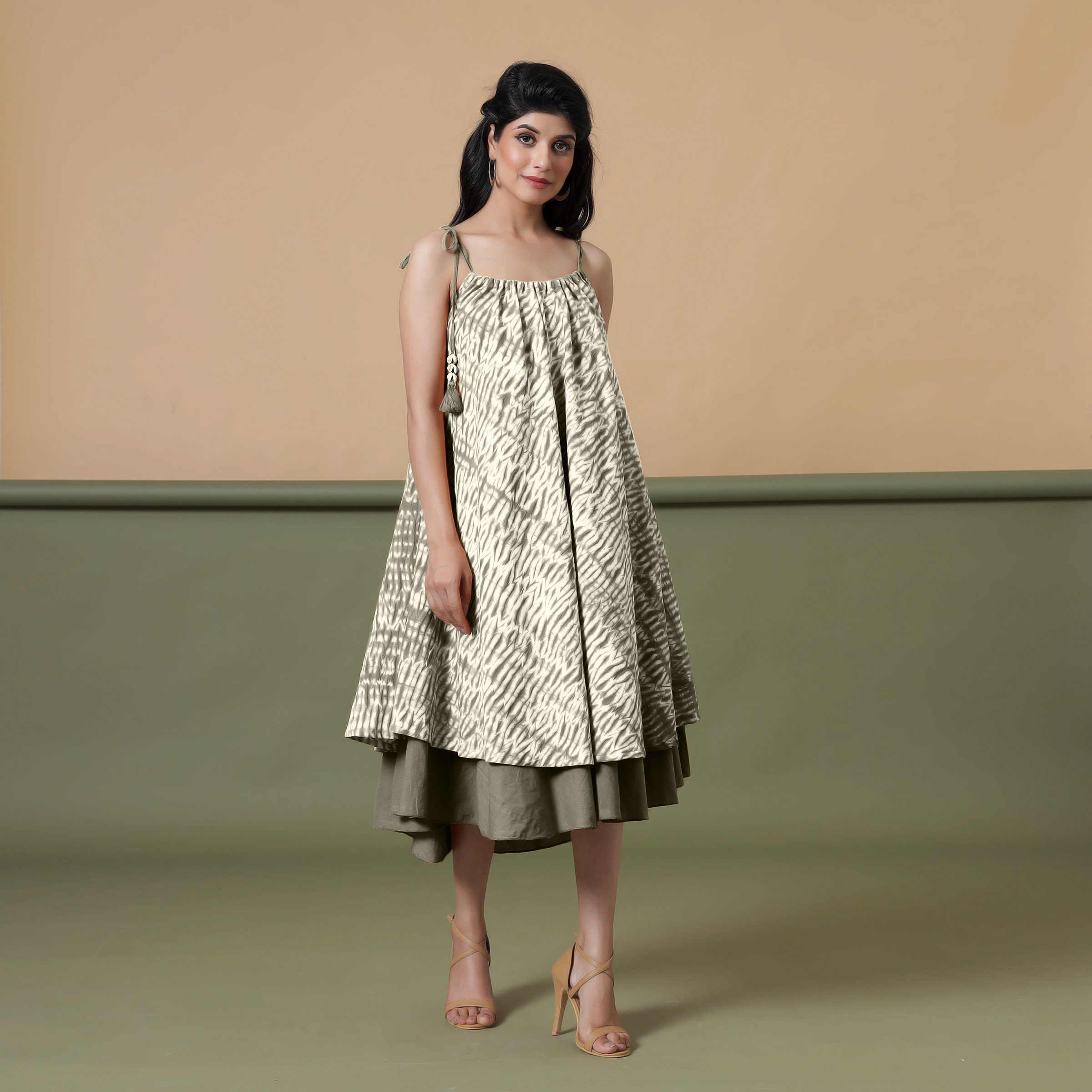Front View of a Model wearing 6-Way Convertible Moss Green Tie Dye Skirt Dress