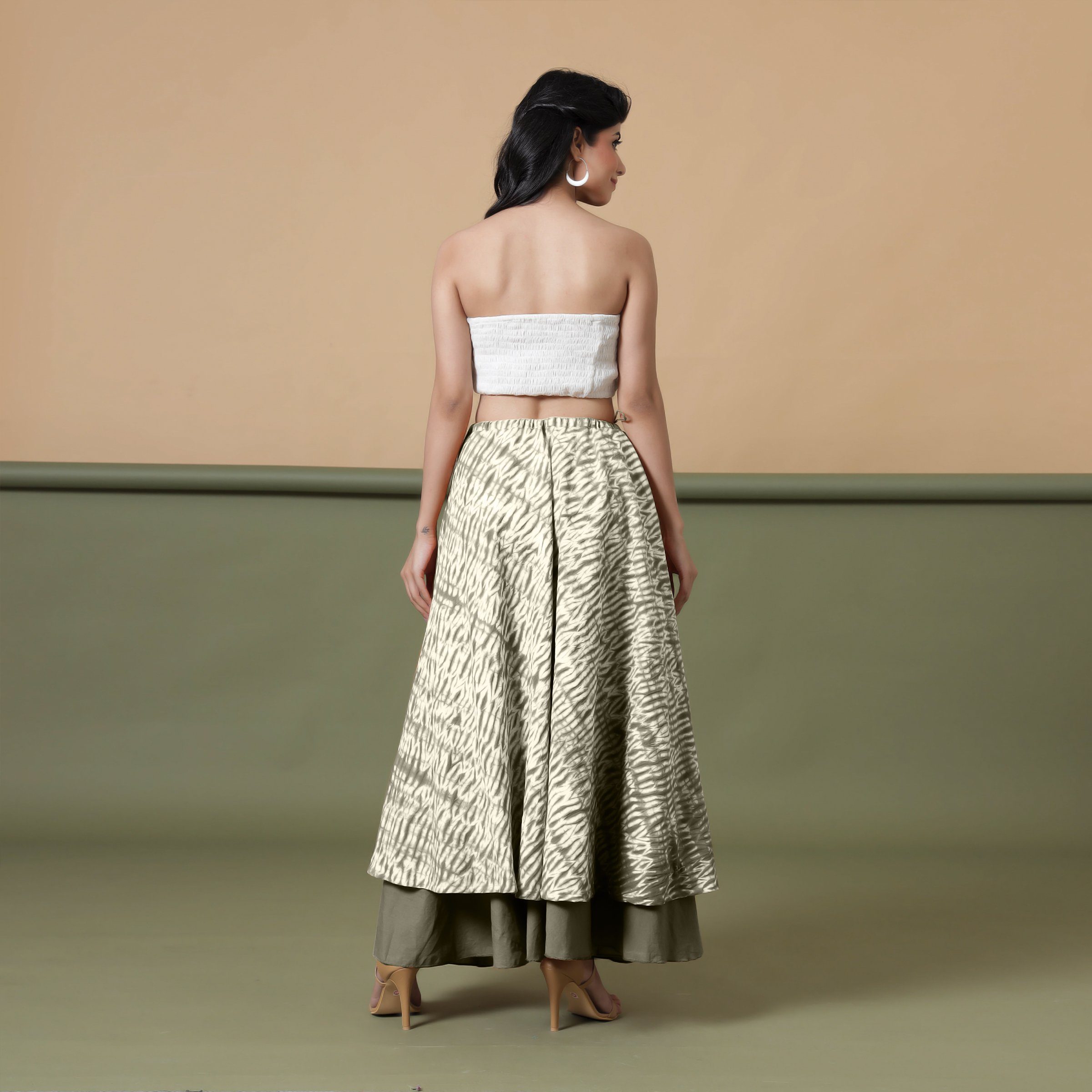 Back View of a Model wearing 6-Way Convertible Moss Green Tie Dye Skirt Dress