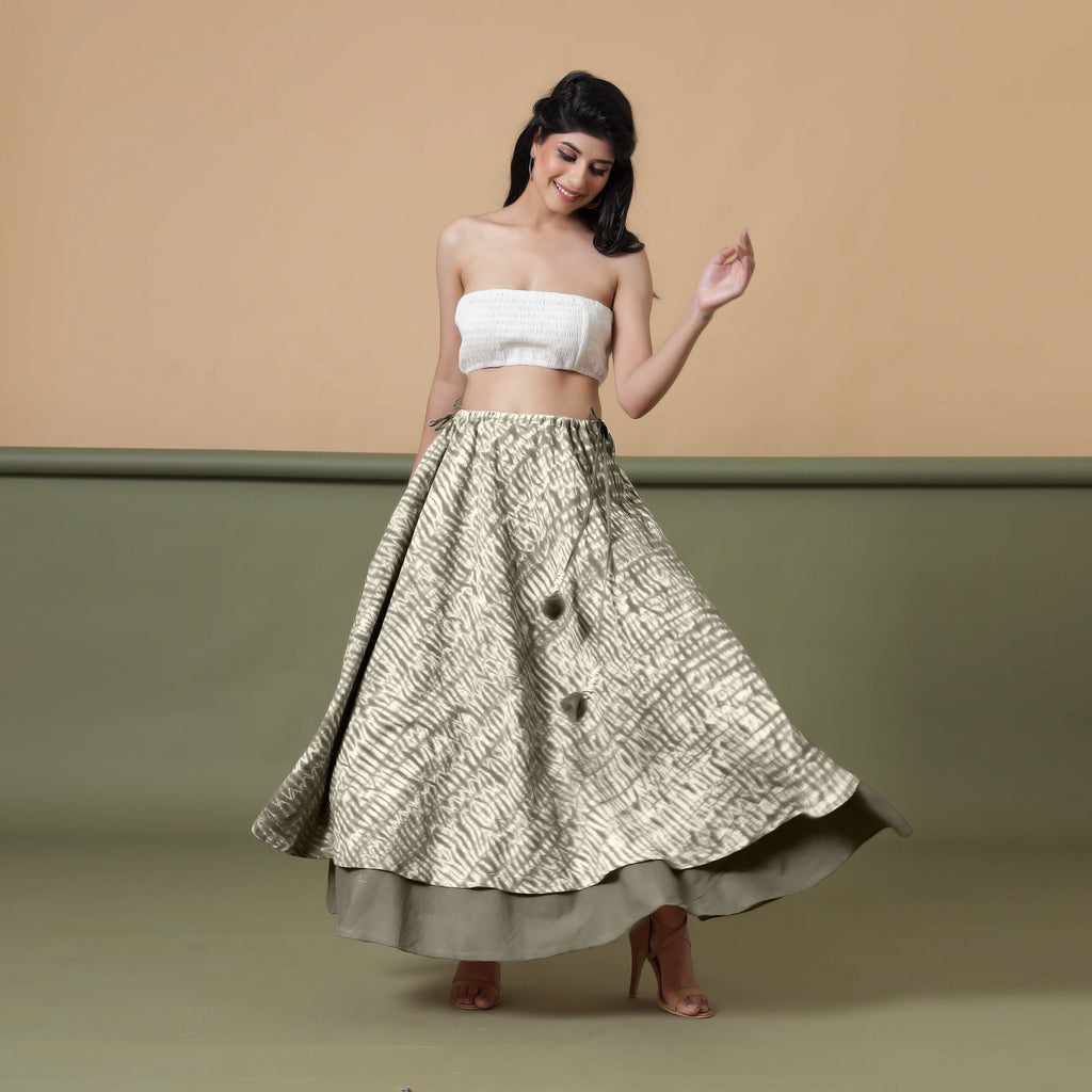 Front View of a Model wearing 6-Way Convertible Moss Green Tie Dye Skirt Dress