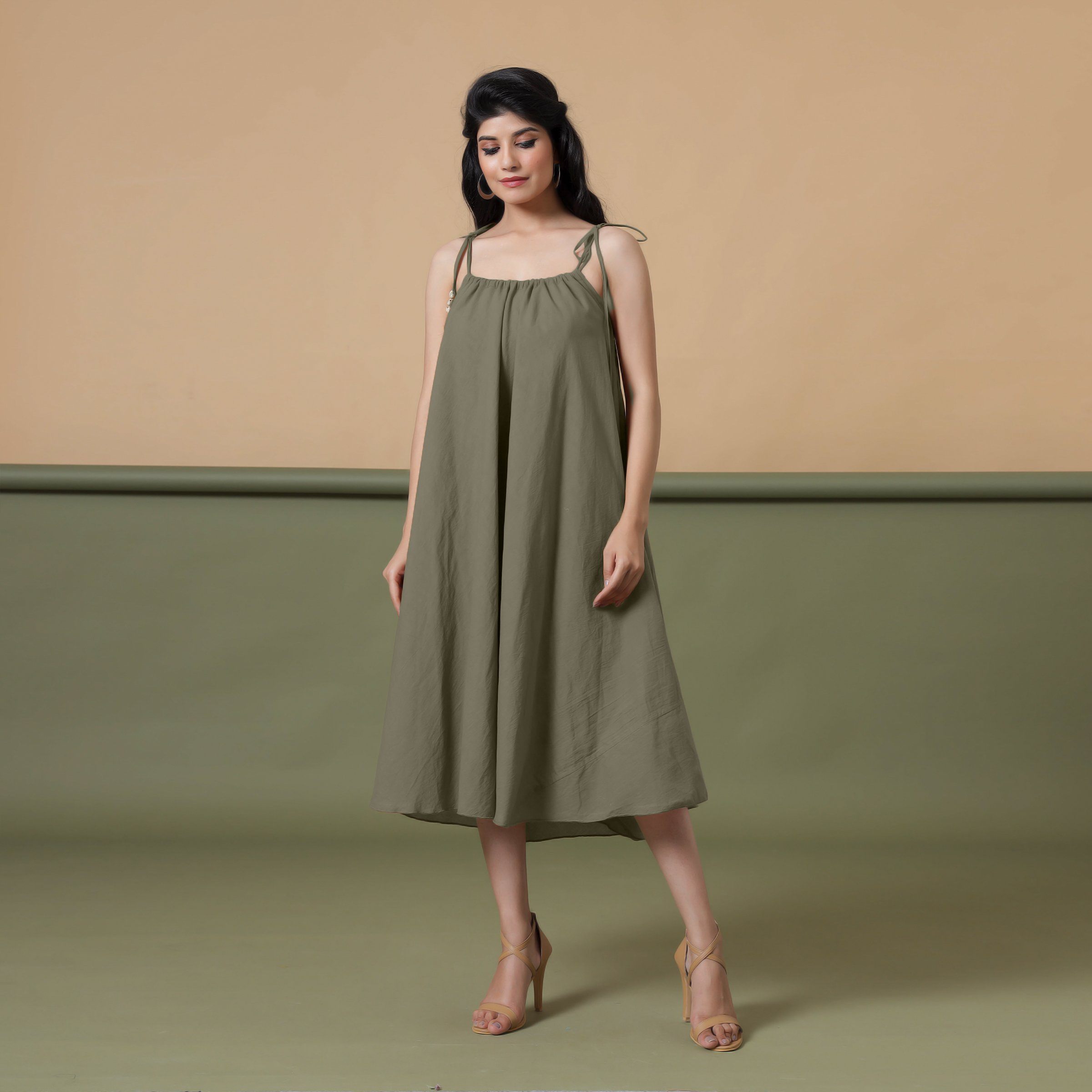 Front View of a Model wearing 6-Way Convertible Moss Green Tie Dye Skirt Dress