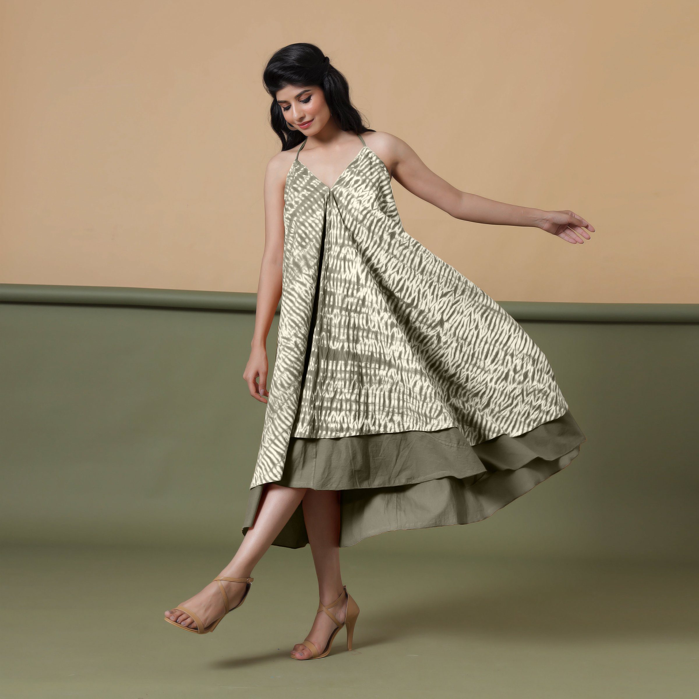 Front View of a Model wearing 6-Way Convertible Moss Green Tie Dye Skirt Dress