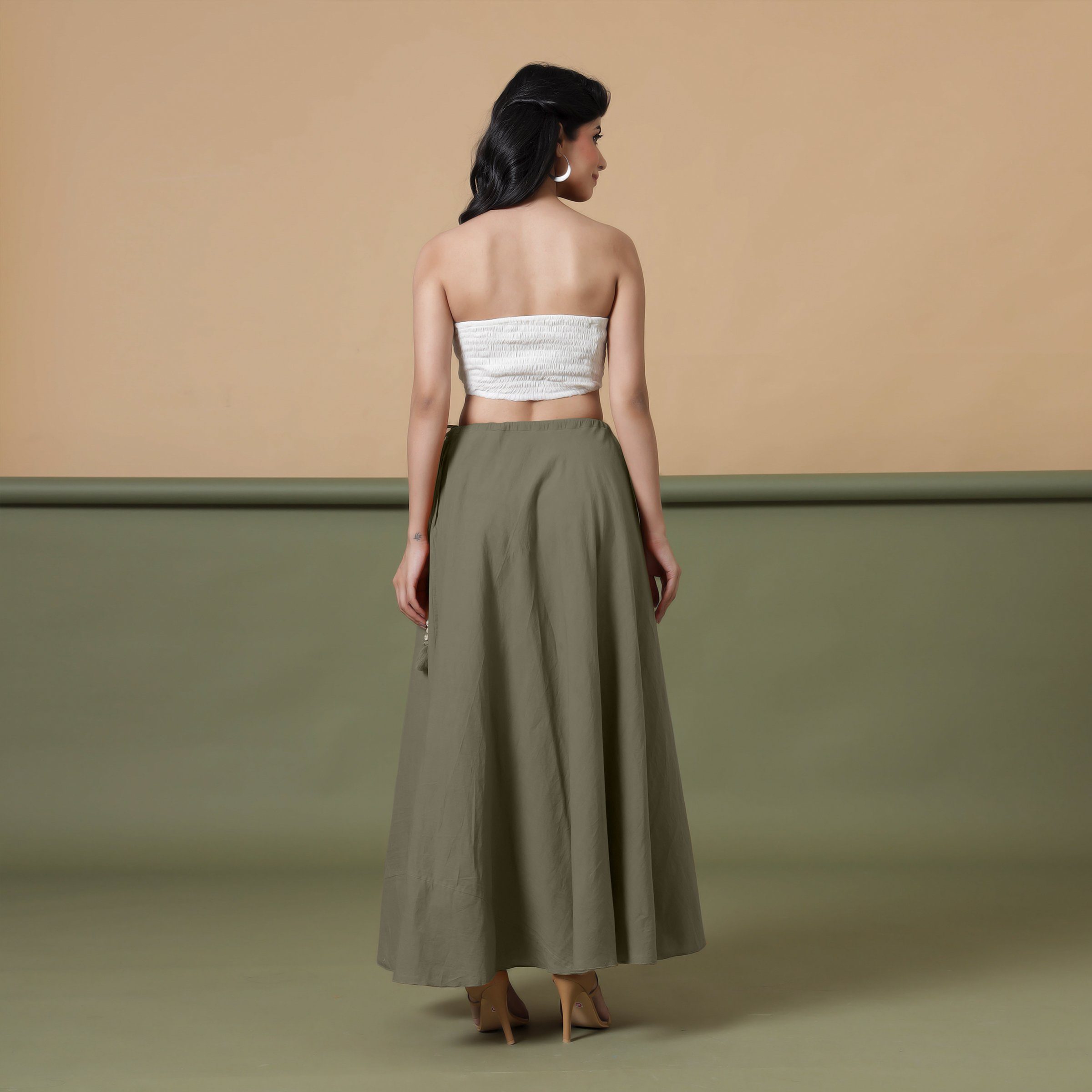 Back View of a Model wearing 6-Way Convertible Moss Green Tie Dye Skirt Dress