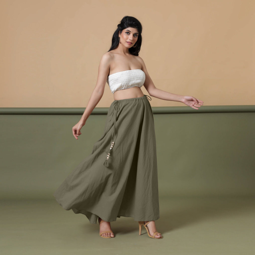 Right View of a Model wearing 6-Way Convertible Moss Green Tie Dye Skirt Dress