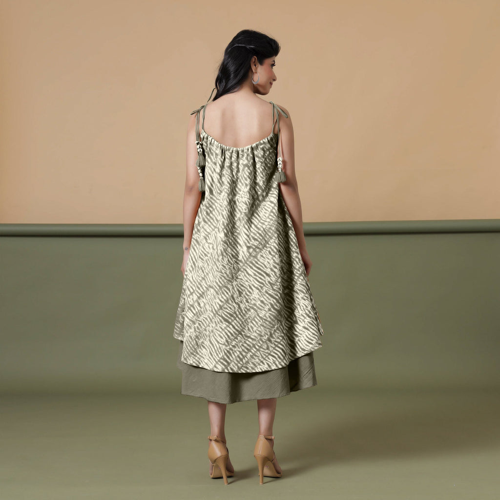 Back View of a Model wearing 6-Way Convertible Moss Green Tie Dye Skirt Dress