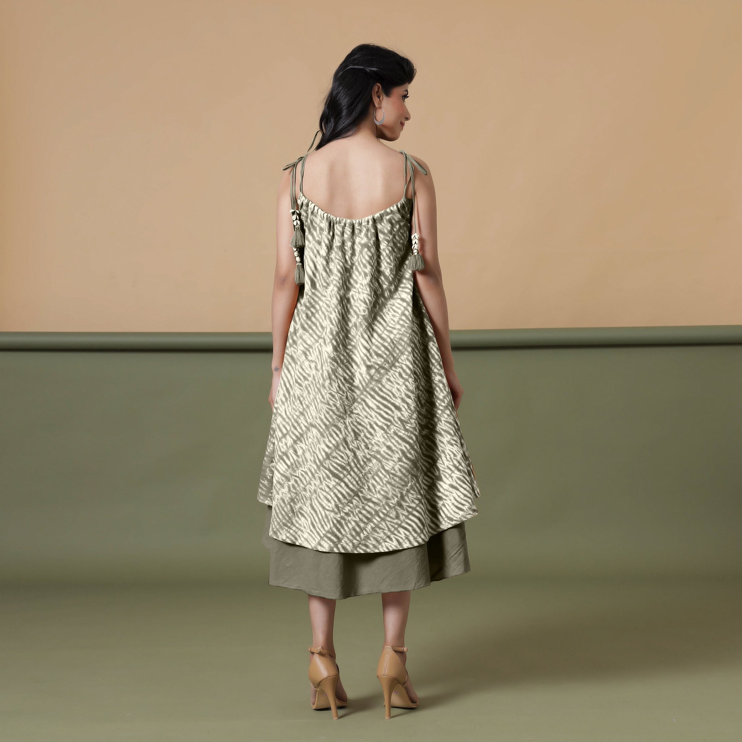 Back View of a Model wearing 6-Way Convertible Moss Green Tie Dye Skirt Dress