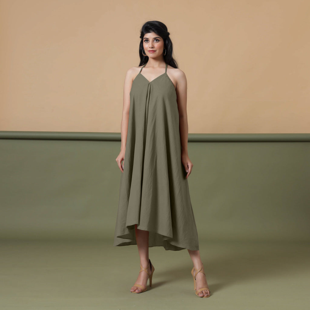 Front View of a Model wearing 6-Way Convertible Moss Green Tie Dye Skirt Dress