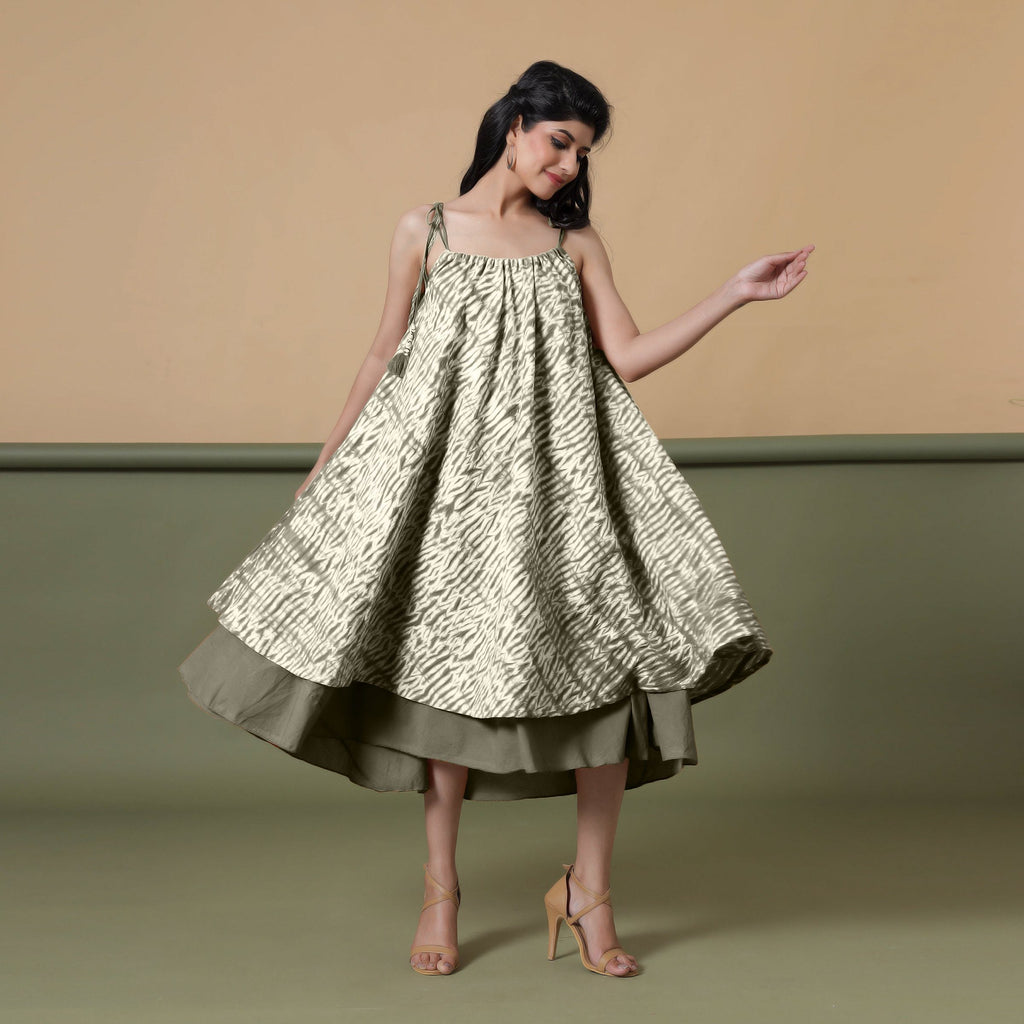 Front View of a Model wearing 6-Way Convertible Moss Green Tie Dye Skirt Dress