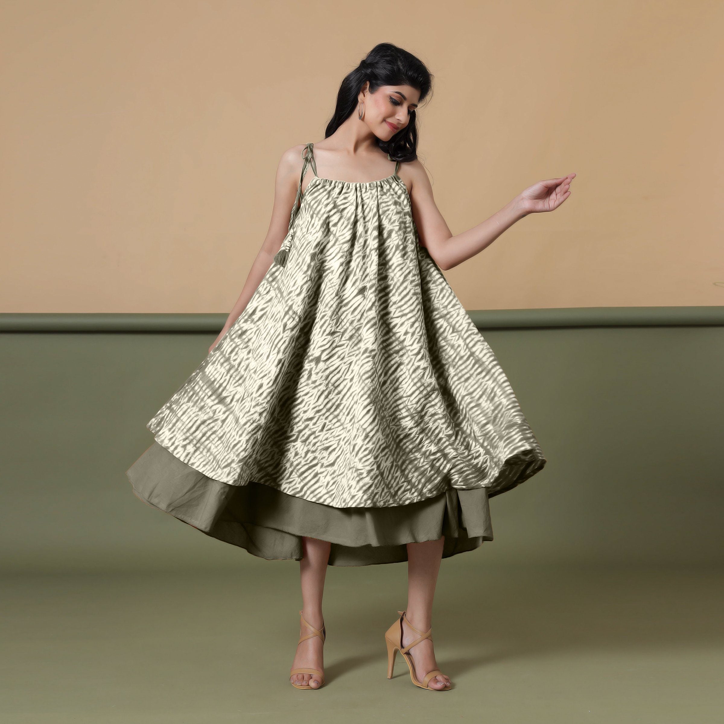 Front View of a Model wearing 6-Way Convertible Moss Green Tie Dye Skirt Dress