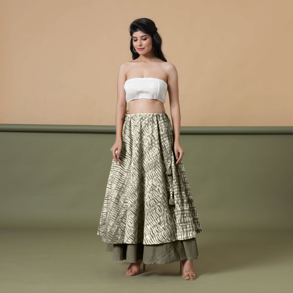 Front View of a Model wearing 6-Way Convertible Moss Green Tie Dye Skirt Dress