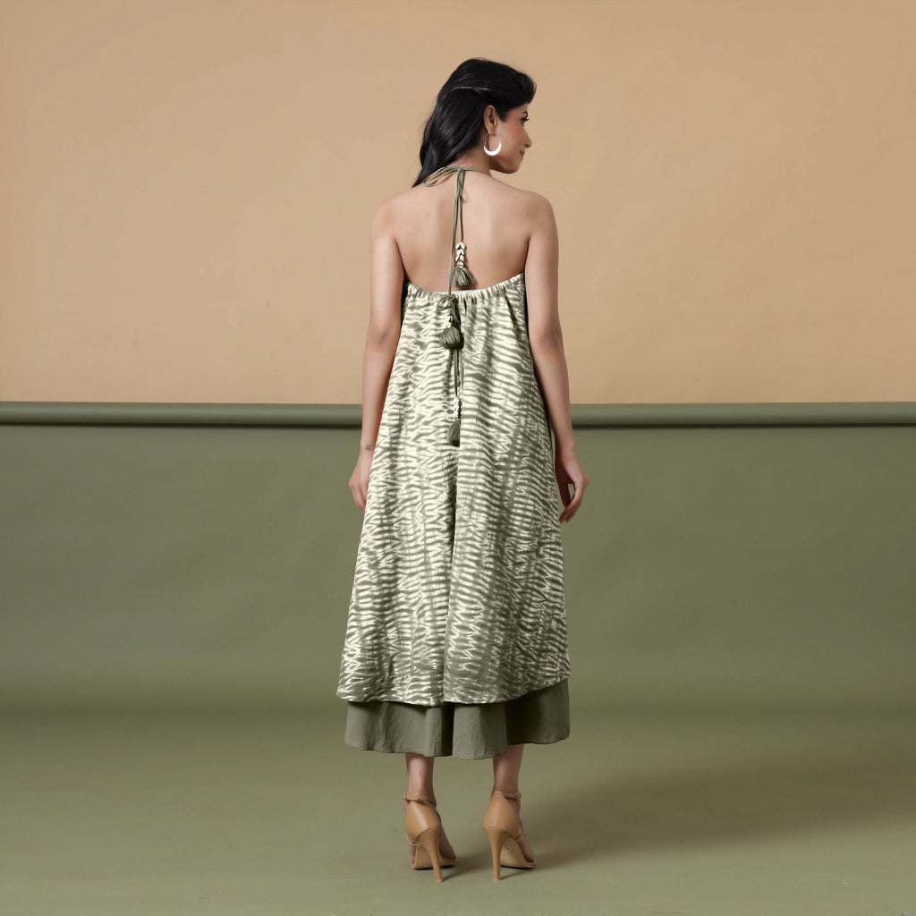 Back View of a Model wearing 6-Way Convertible Moss Green Tie Dye Skirt Dress