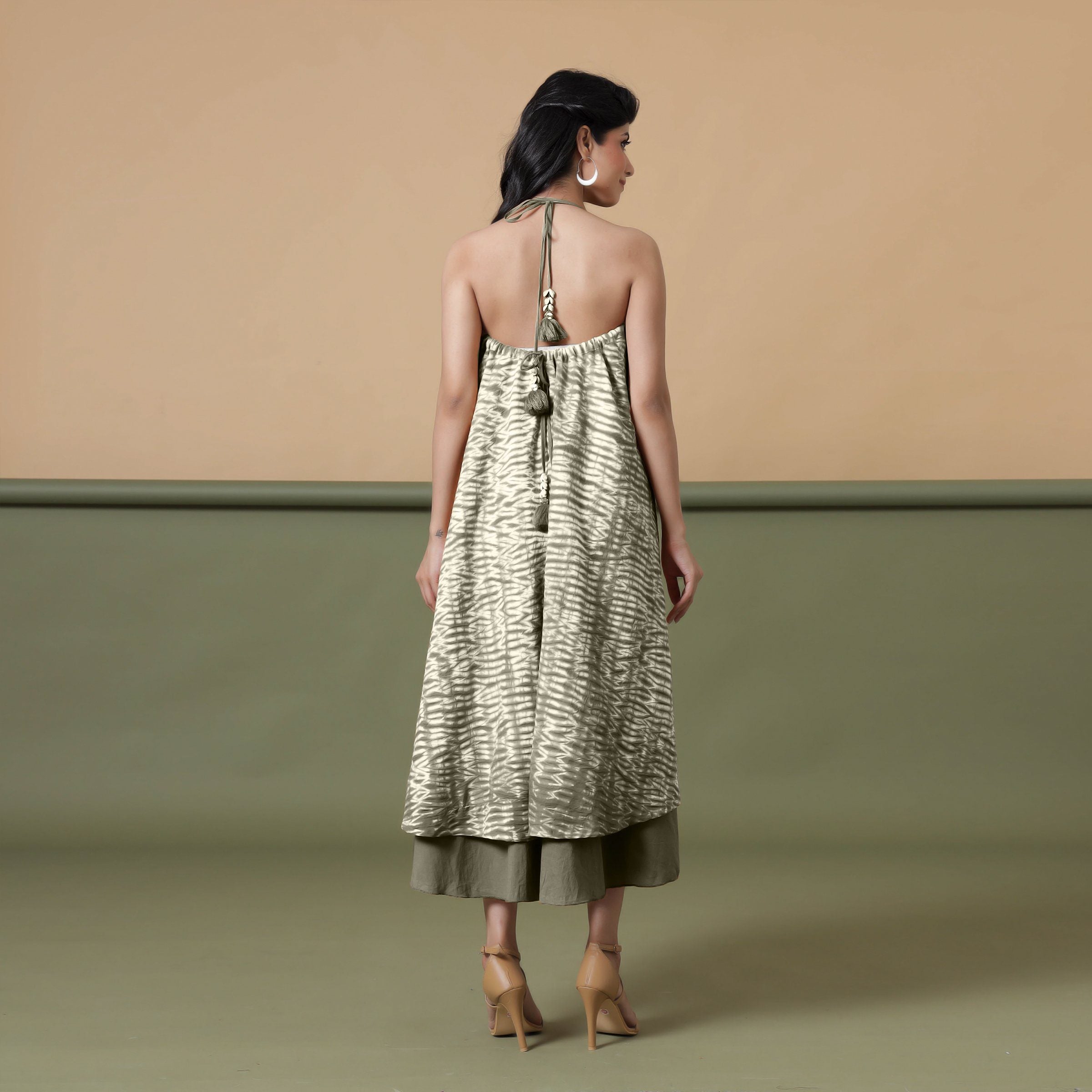 Back View of a Model wearing 6-Way Convertible Moss Green Tie Dye Skirt Dress