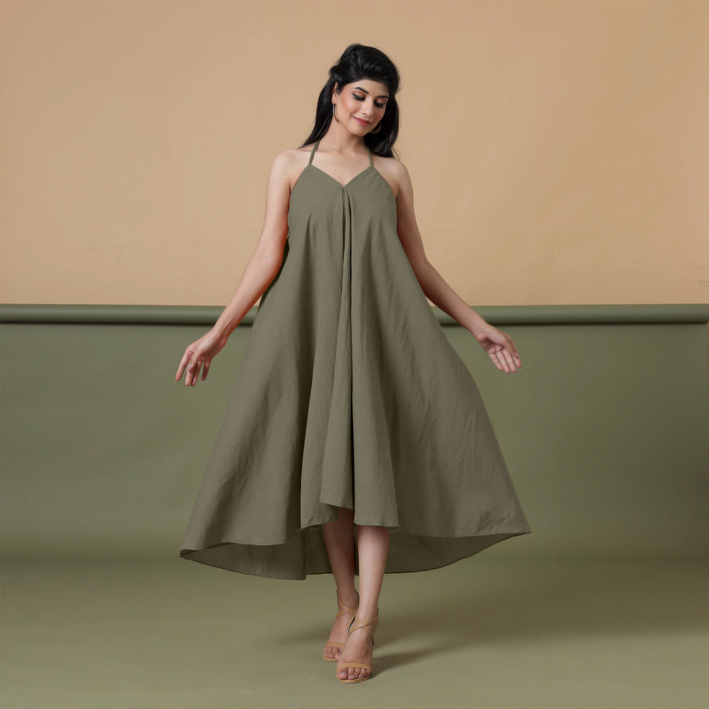Front View of a Model wearing 6-Way Convertible Moss Green Tie Dye Skirt Dress