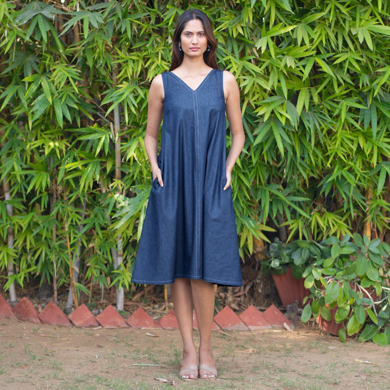 Indigo Cotton Denim Knee Length Flared Dress