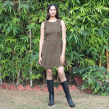 Bronze Grey Warm Cotton Corduroy Fit and Flare Sleeveless Short Dress