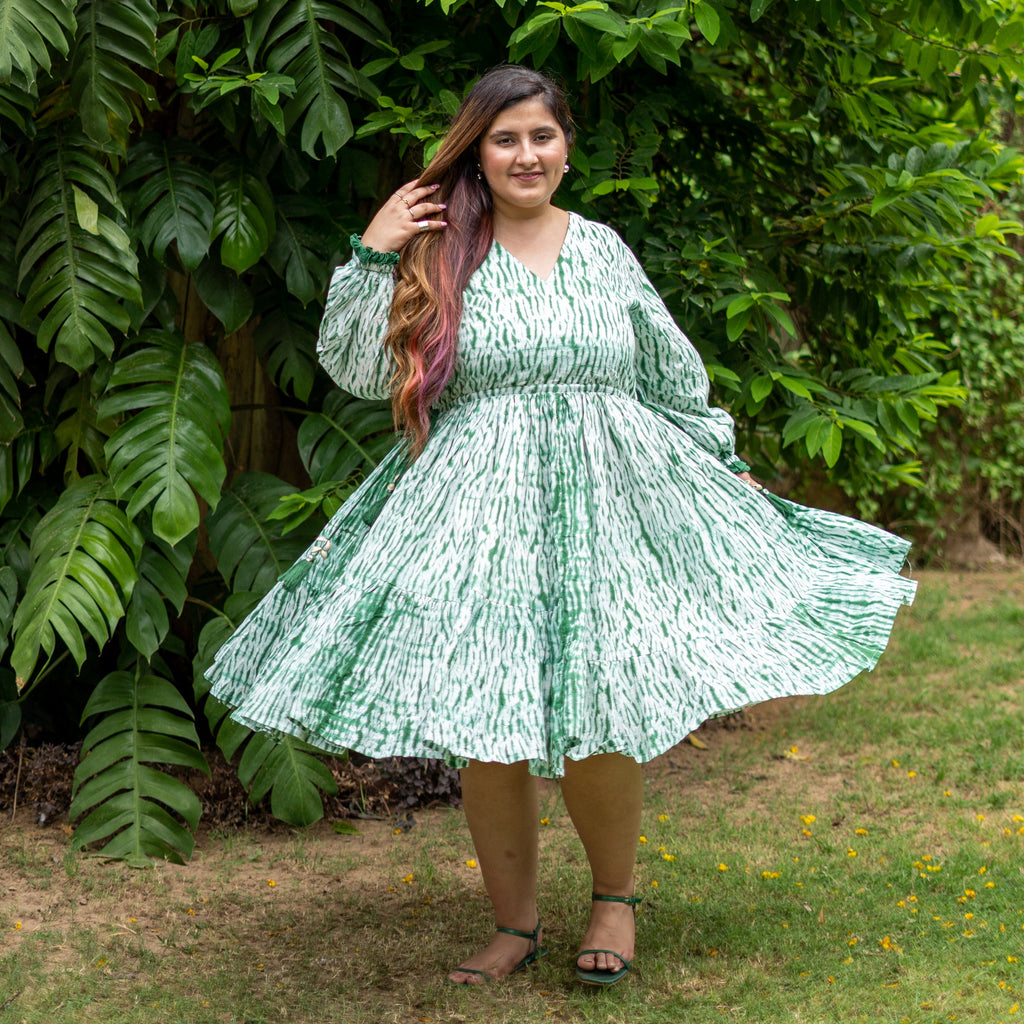Forest Green Tie-Dye Cotton Bohemian Knee Length Gathered Dress