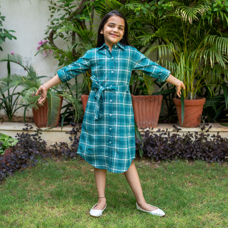 Girls - Bottle Green Checks Cotton Midi Shirt Dress