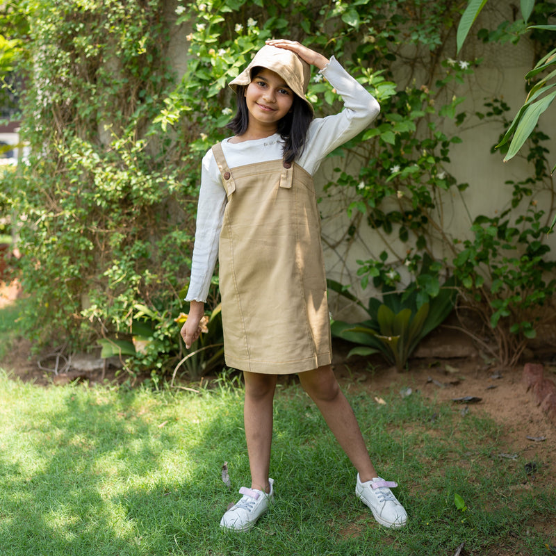 Girls - Pale Khakhi Cotton Twill A-Line Short Pinafore Dress