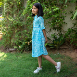 Girls - Ocean Blue Tie-Dye Cotton Gathered Knee Length Shirt Dress