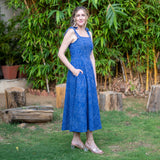 Navy Blue Checks Handspun Cotton Circular Strap Maxi Dress