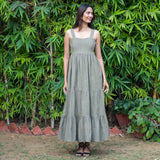 Bronze Grey Warm Cotton Corduroy Gathered Maxi Tier Dress