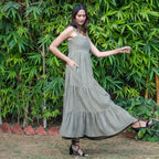 Bronze Grey Warm Cotton Corduroy Gathered Maxi Tier Dress