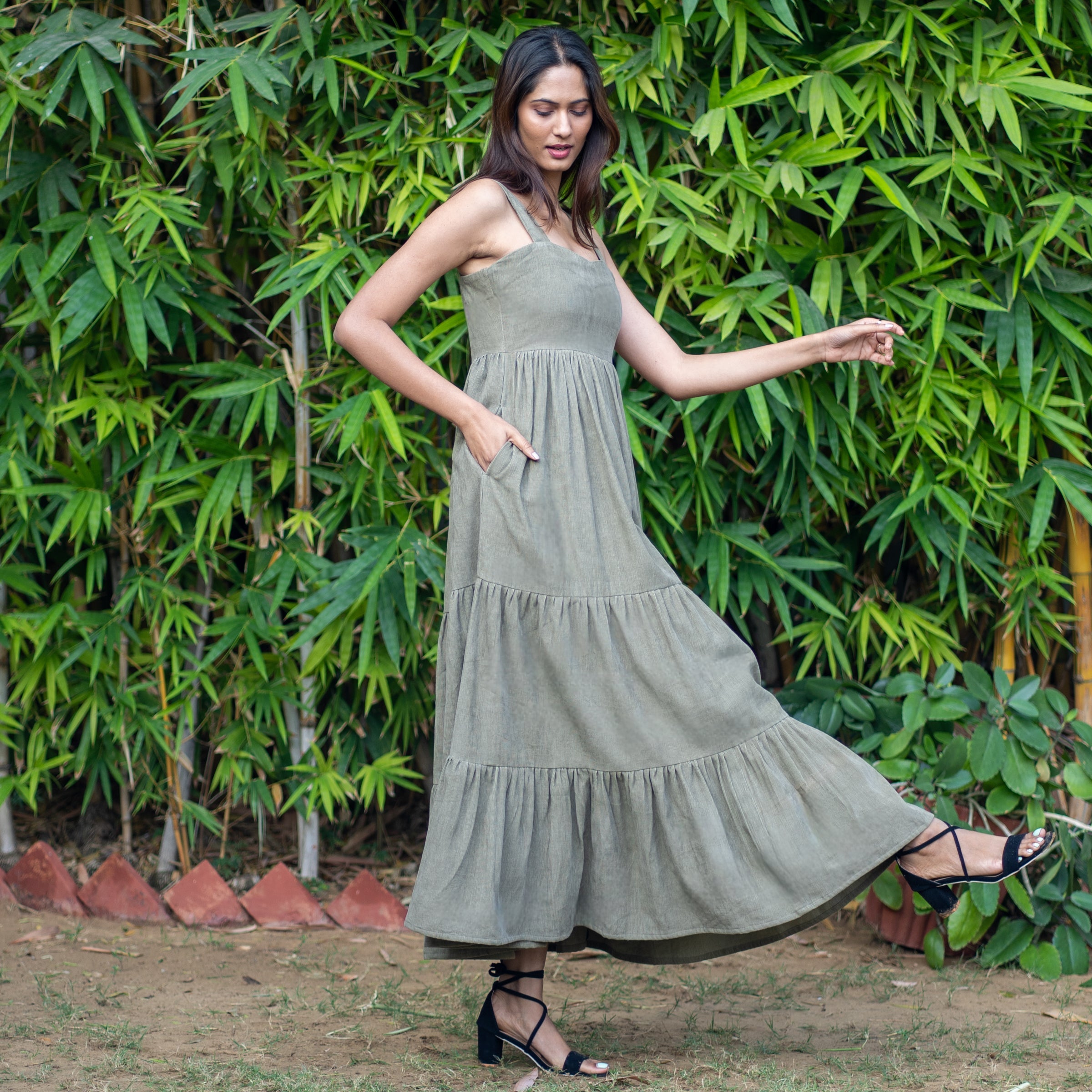 Bronze Grey Warm Cotton Corduroy Gathered Maxi Tier Dress