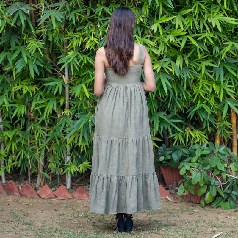 Bronze Grey Warm Cotton Corduroy Gathered Maxi Tier Dress