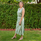 Smoke Green Cotton A-Line Sheath Midi Wrap Dress