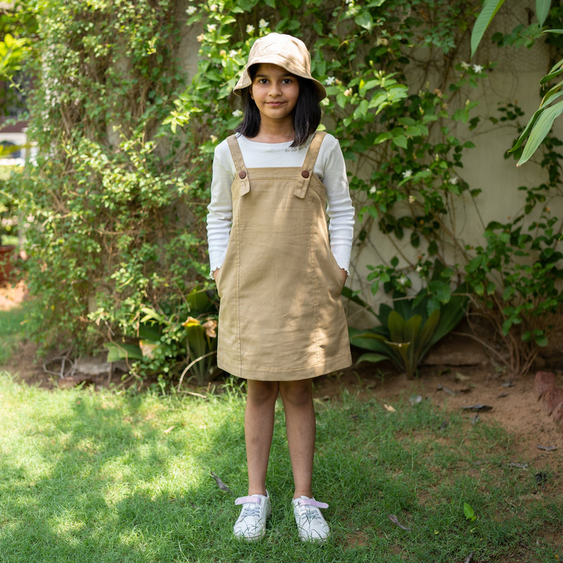 Girls - Pale Khakhi Cotton Twill A-Line Short Pinafore Dress