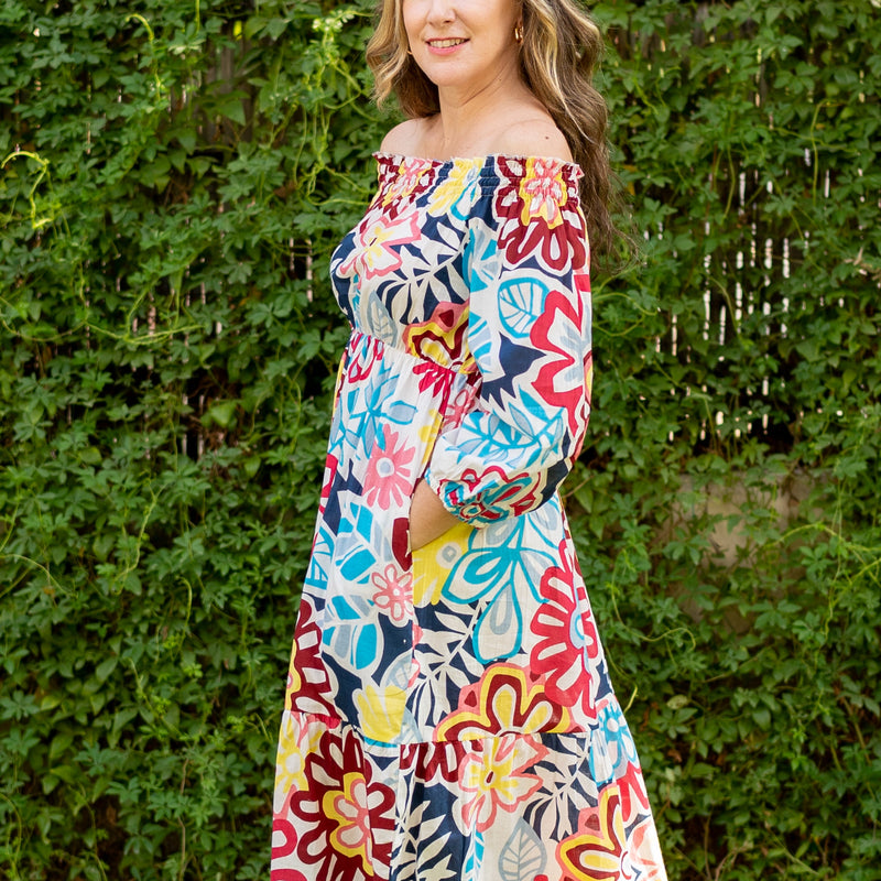 Multicolor Floral Printed 100% Cotton Off-Shoulder Maxi Tier Dress