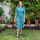 Bottle Green Checks Cotton Midi Shirt Dress