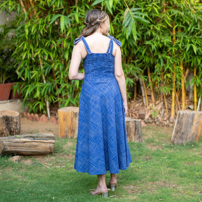 Navy Blue Checks Handspun Cotton Circular Strap Maxi Dress