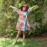 Girls - Multicolor Floral Printed 100% Cotton Gathered Short Dress