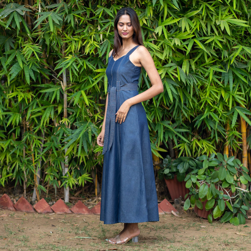 Indigo Cotton Denim Flared Princess Line Ankle Length Slit Dress