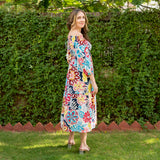 Multicolor Floral Printed 100% Cotton Off-Shoulder Maxi Tier Dress