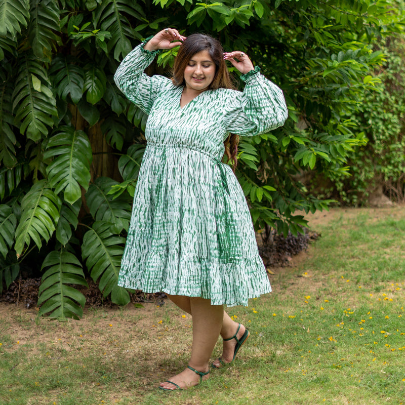 Forest Green Tie-Dye Cotton Bohemian Knee Length Gathered Dress