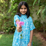 Girls - Ocean Blue Tie-Dye Cotton Gathered Knee Length Shirt Dress