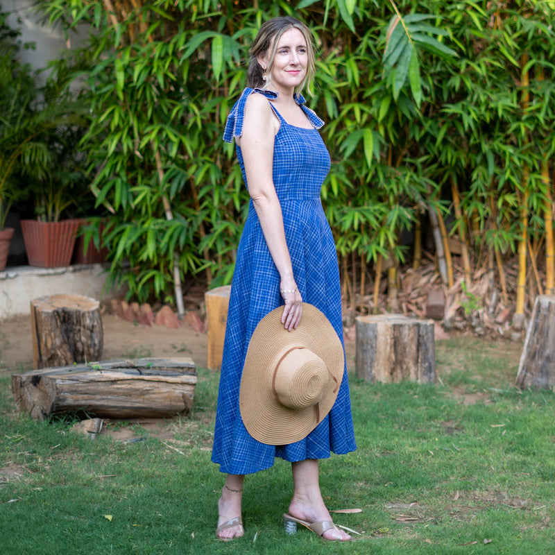 Navy Blue Checks Handspun Cotton Circular Strap Maxi Dress