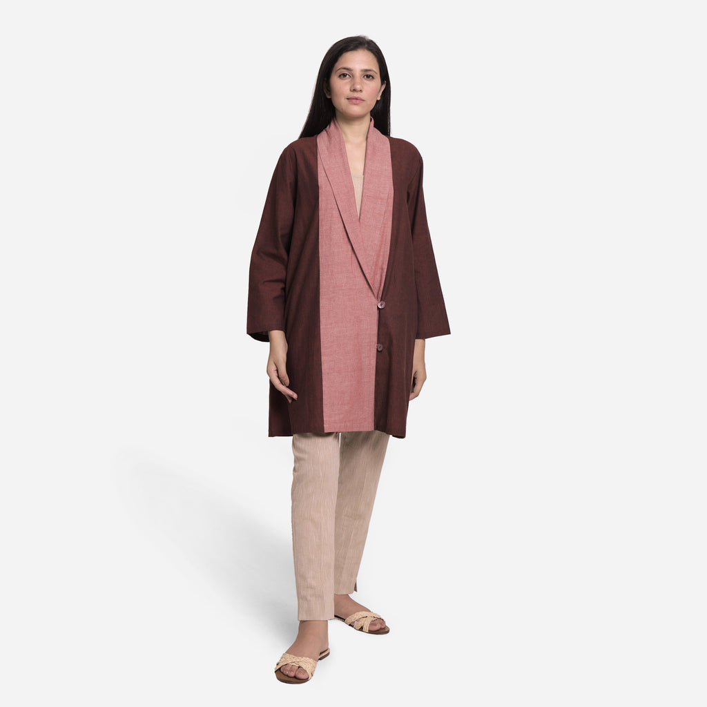 Front View of a Model wearing Brown Shawl Collar Cotton Outerwear