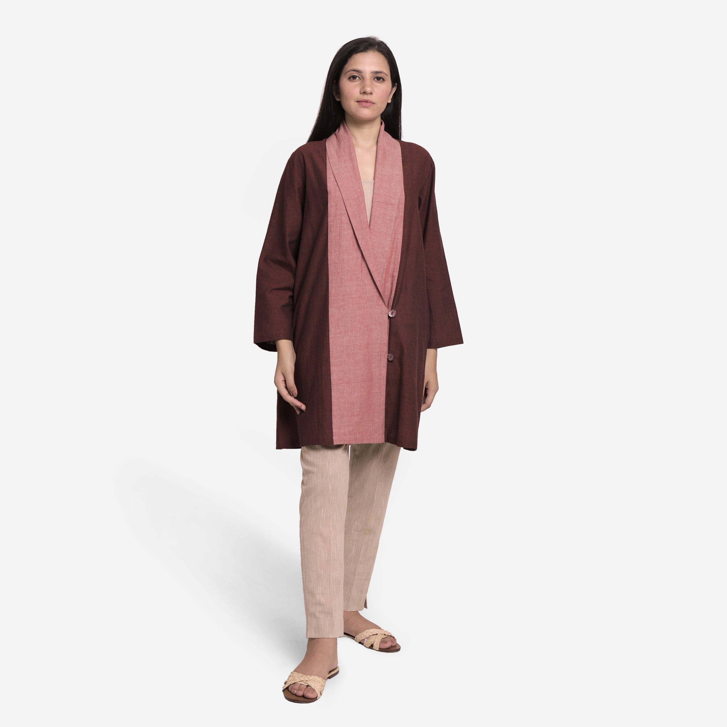 Front View of a Model wearing Brown Shawl Collar Cotton Outerwear