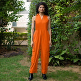 Orange Cotton Poplin V-Neck Sleeveless Cargo Jumpsuit