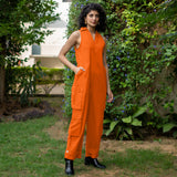 Orange Cotton Poplin V-Neck Sleeveless Cargo Jumpsuit