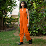 Orange Cotton Poplin V-Neck Sleeveless Cargo Jumpsuit