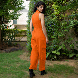 Orange Cotton Poplin V-Neck Sleeveless Cargo Jumpsuit