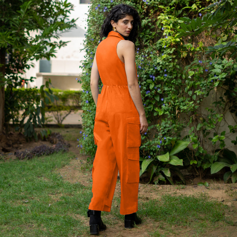 Orange Cotton Poplin V-Neck Sleeveless Cargo Jumpsuit