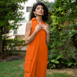 Orange Cotton Poplin V-Neck Sleeveless Cargo Jumpsuit