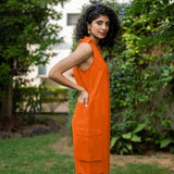 Orange Cotton Poplin V-Neck Sleeveless Cargo Jumpsuit