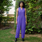 Royal Purple Cotton Poplin V-Neck Sleeveless Cargo Jumpsuit